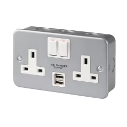 13A Grey 2 Gang Metal-clad Switched USB Socket With White Inserts