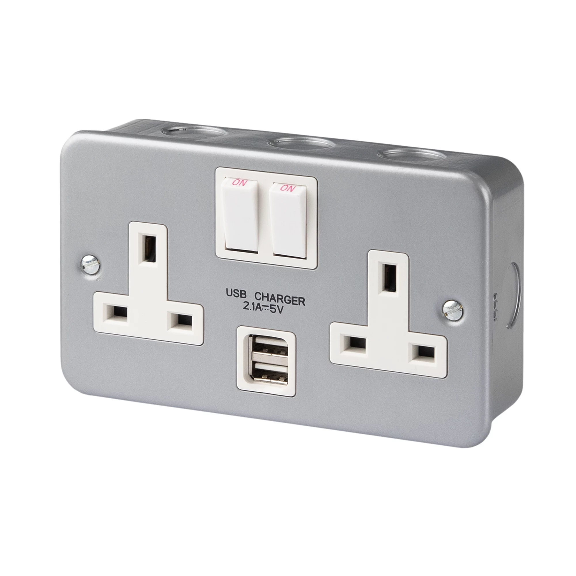 13A Grey 2 Gang Metal-clad Switched USB Socket With White Inserts 3 13A Grey 2 Gang Metal-clad Switched USB Socket With White Inserts
