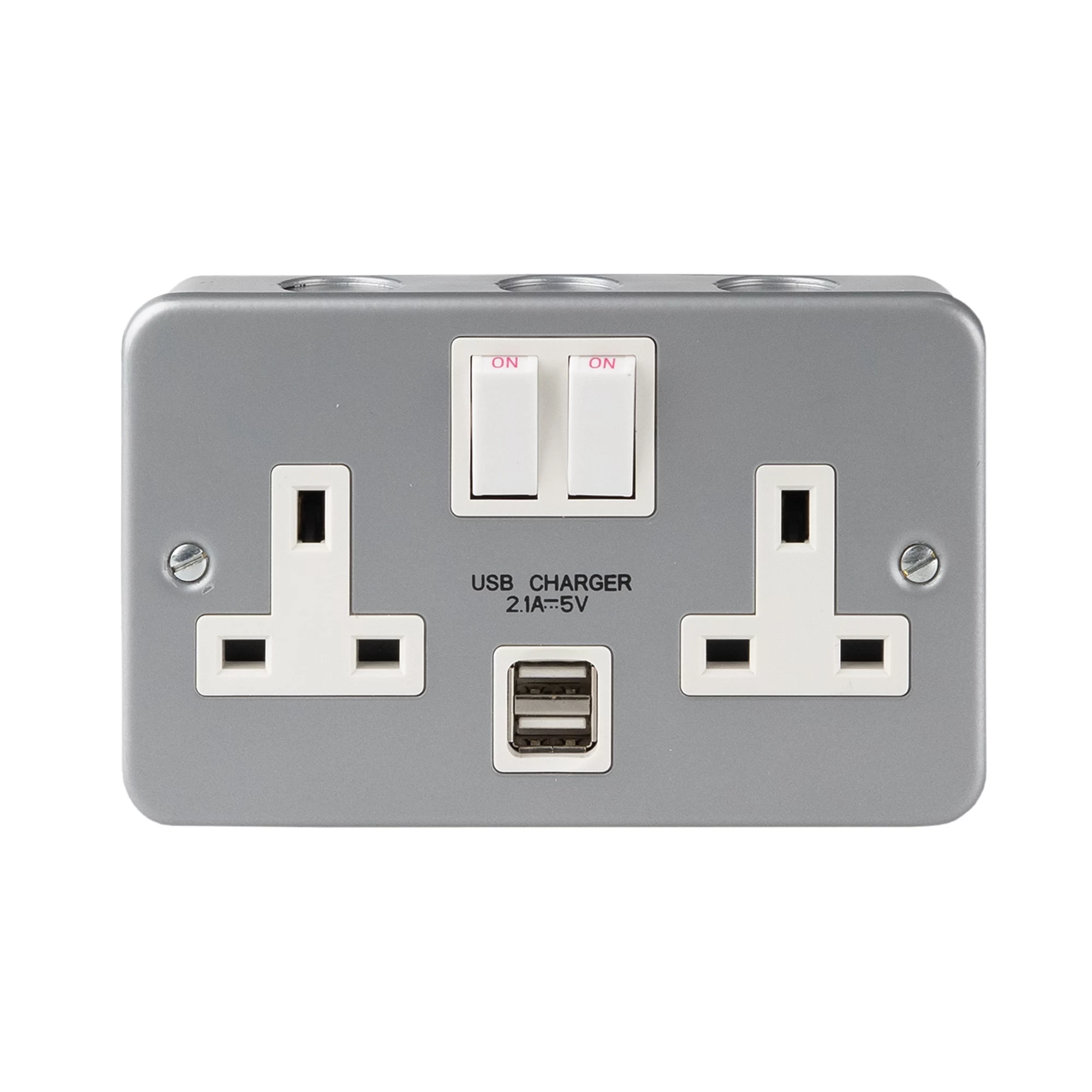 13A Grey 2 Gang Metal-clad Switched USB Socket With White Inserts 4 13A Grey 2 Gang Metal-clad Switched USB Socket With White Inserts - Image 2
