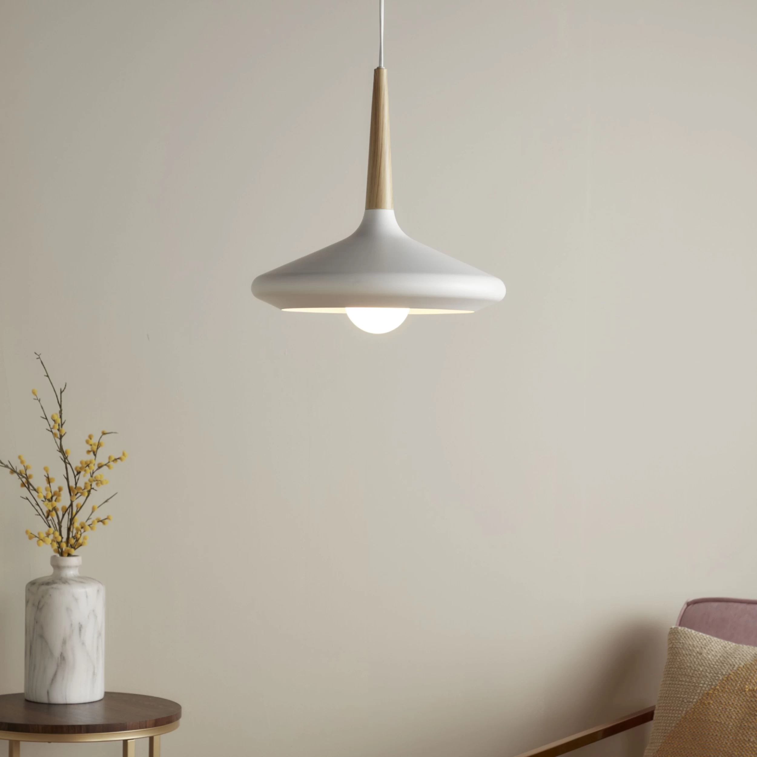 Arraqis Matt White Wood Effect Pendant Ceiling Light, (Dia)360mm 3 Arraqis Matt White Wood Effect Pendant Ceiling Light, (Dia)360mm