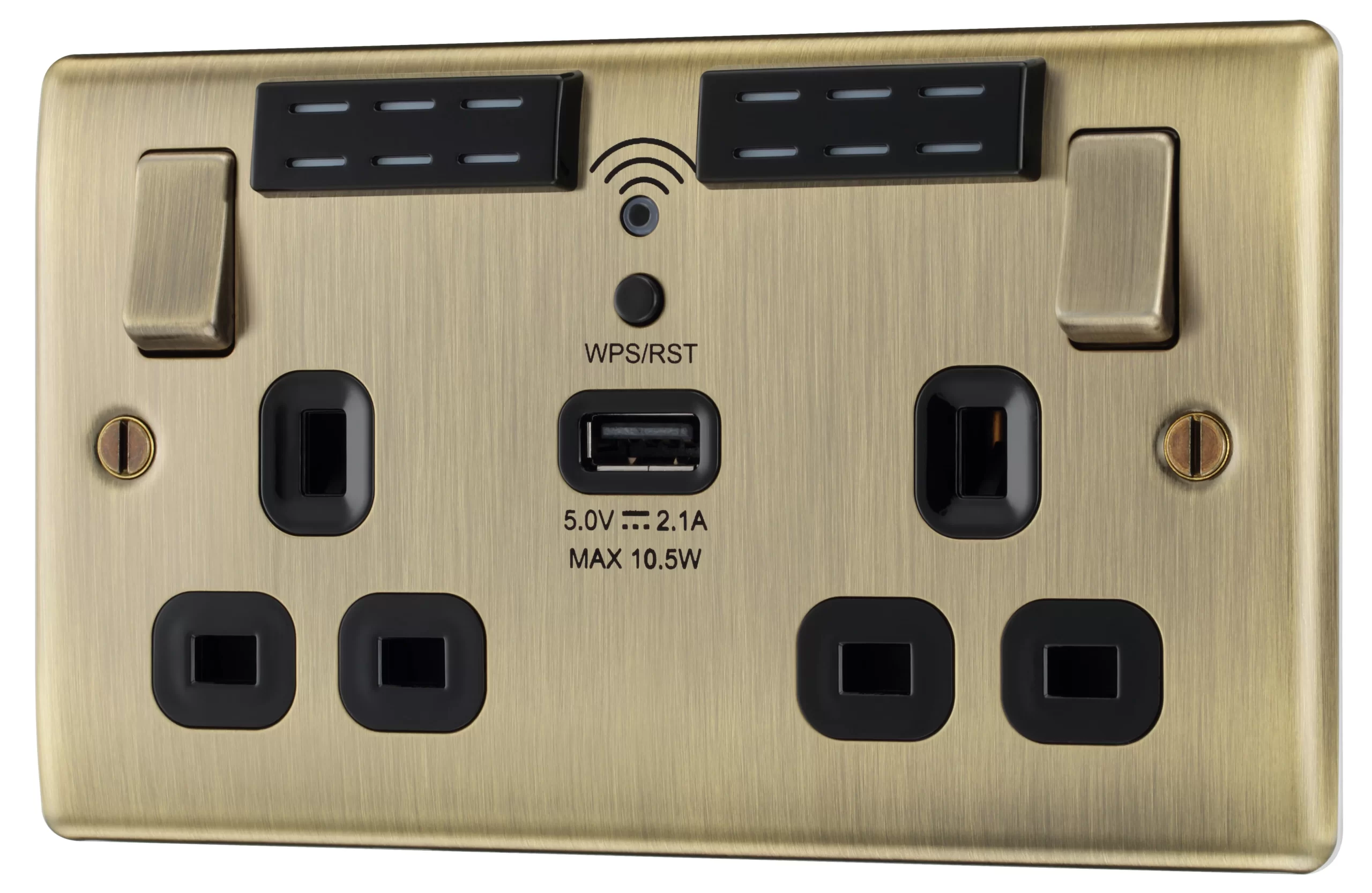 BG Antique Brass 13A Raised Slim Switched Double WiFi Extender Socket With USB 3 BG Antique Brass 13A Raised Slim Switched Double WiFi Extender Socket With USB
