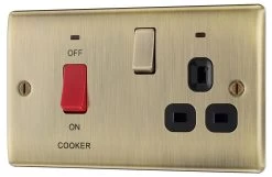 BG Antique Brass Cooker Switch & Socket With Neon & Black Inserts