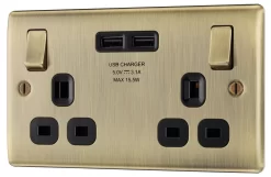 BG Antique Brass Double 13A Switched Socket With USB X2 3.1A & Black Inserts
