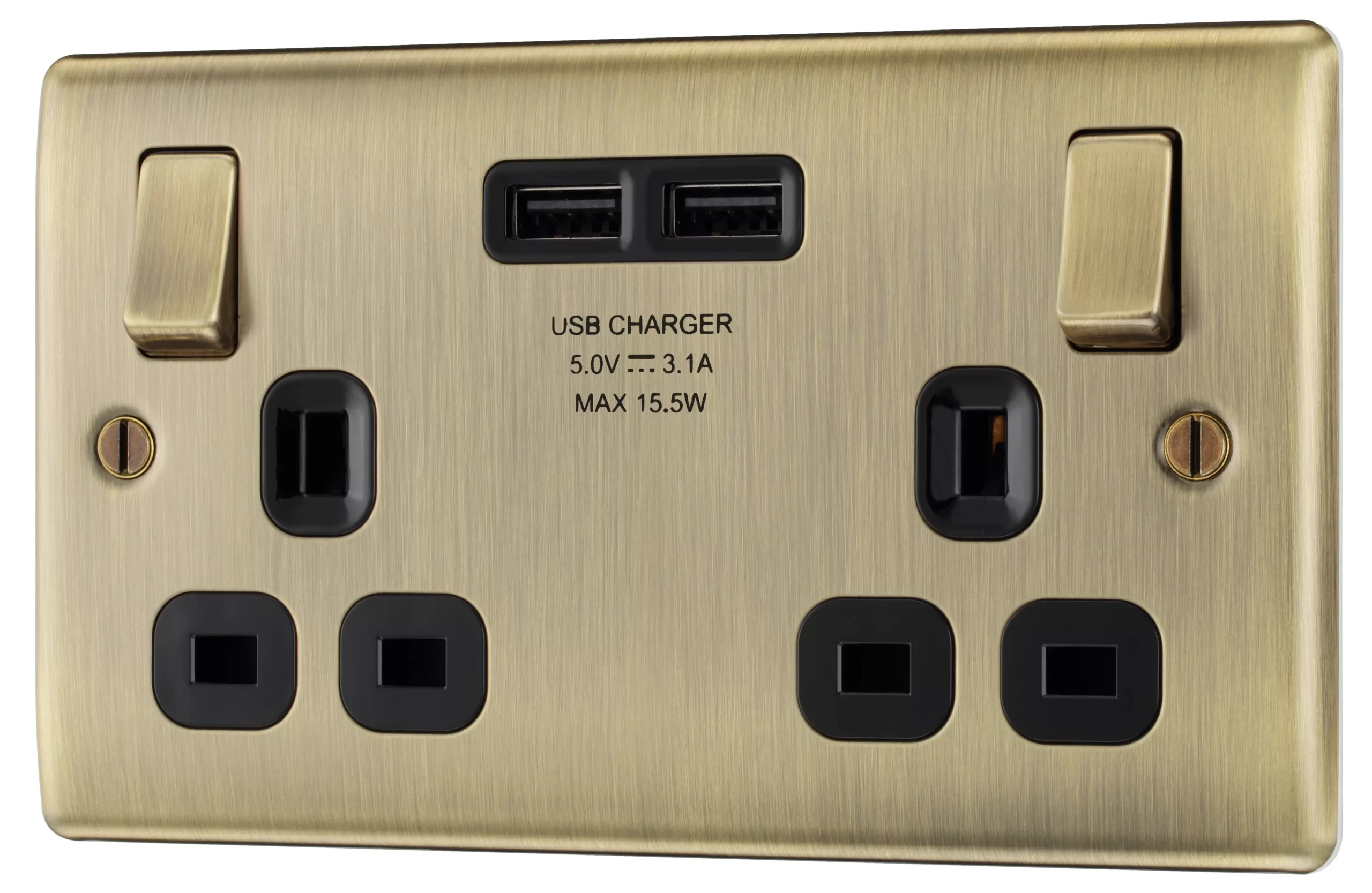 BG Antique Brass Double 13A Switched Socket With USB X2 3.1A & Black Inserts 3 BG Antique Brass Double 13A Switched Socket With USB X2 3.1A & Black Inserts
