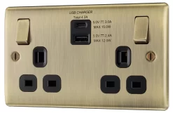BG Antique Brass Double 13A Switched Socket With USB X2 4.2A & Black Inserts