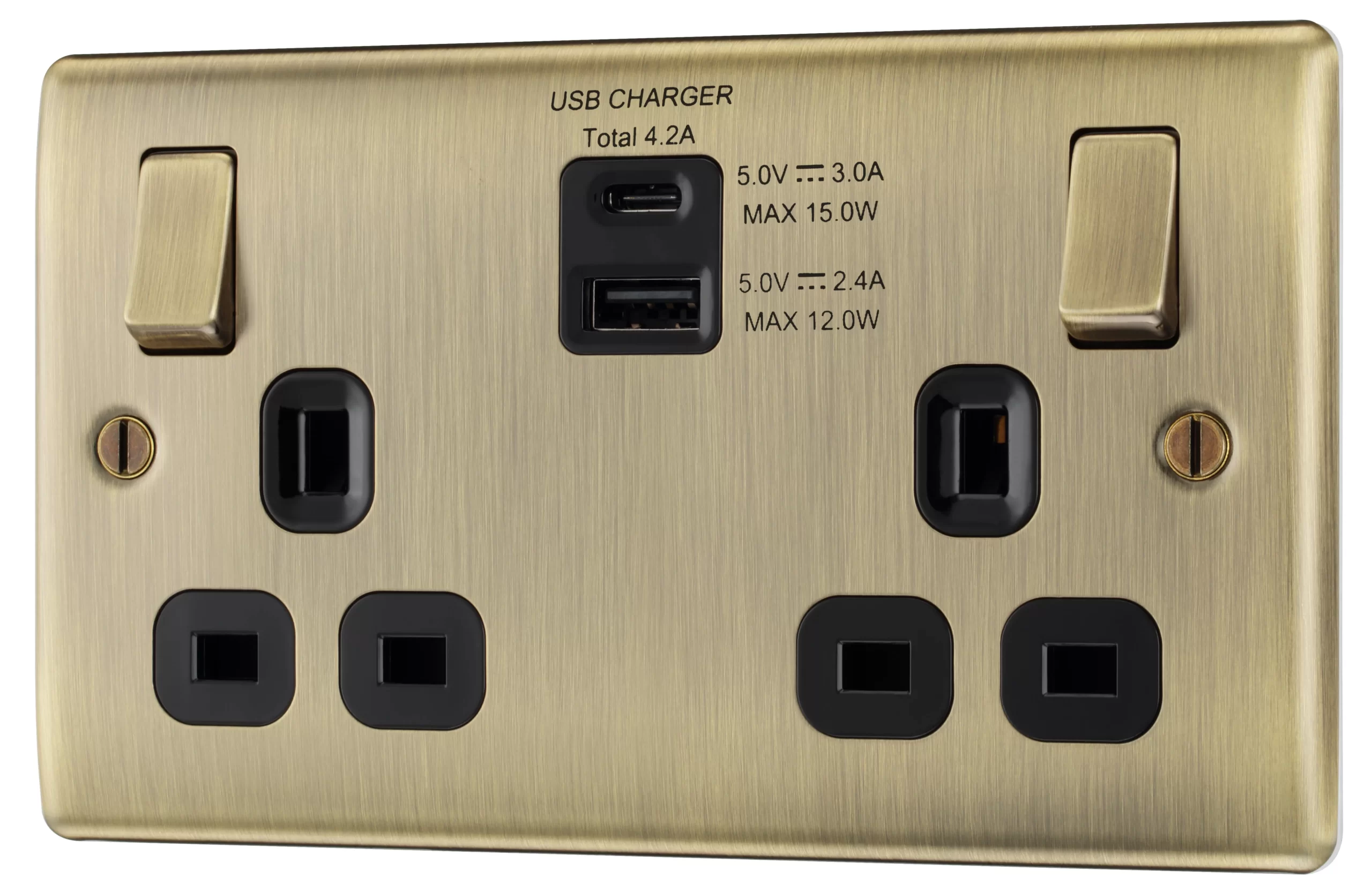 BG Antique Brass Double 13A Switched Socket With USB X2 4.2A & Black Inserts 3 BG Antique Brass Double 13A Switched Socket With USB X2 4.2A & Black Inserts