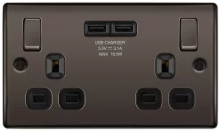 BG Black Nickel Double 13A Switched Socket With USB X2 3.1A & Black Inserts
