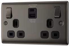 BG Black Nickel Double 13A Switched Socket With USB X2 4.2A & Black Inserts