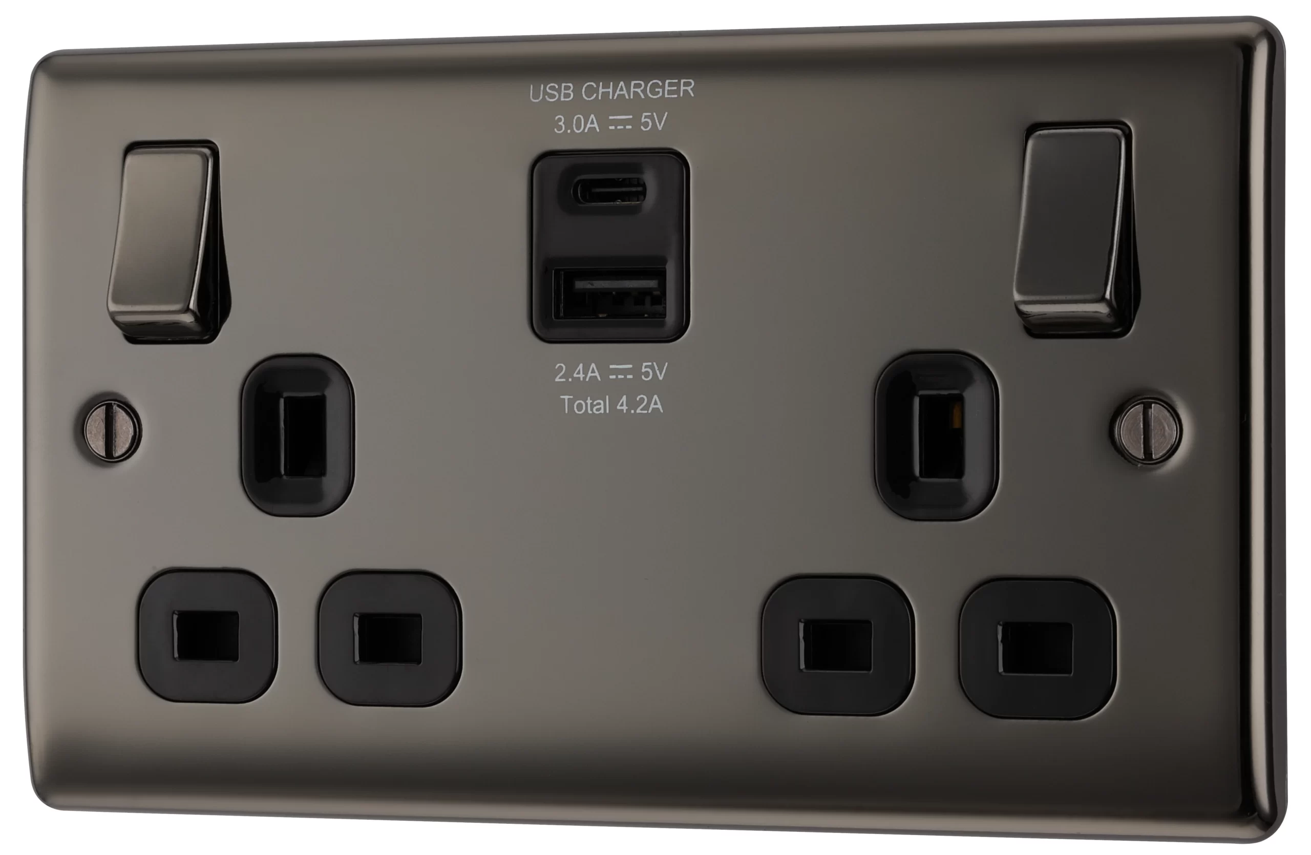 BG Black Nickel Double 13A Switched Socket With USB X2 4.2A & Black Inserts 3 BG Black Nickel Double 13A Switched Socket With USB X2 4.2A & Black Inserts