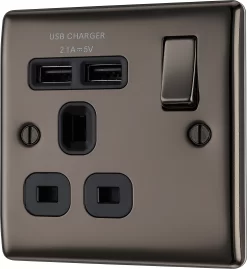 BG Black Nickel Single 13A Switched Socket With USB X2 & Black Inserts