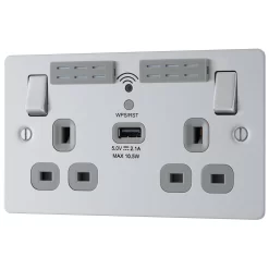 BG Brushed Steel 13A Flat Switched Double WiFi Extender Socket With USB
