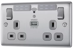 BG Brushed Steel 13A Raised Slim Switched Double WiFi Extender Socket With USB