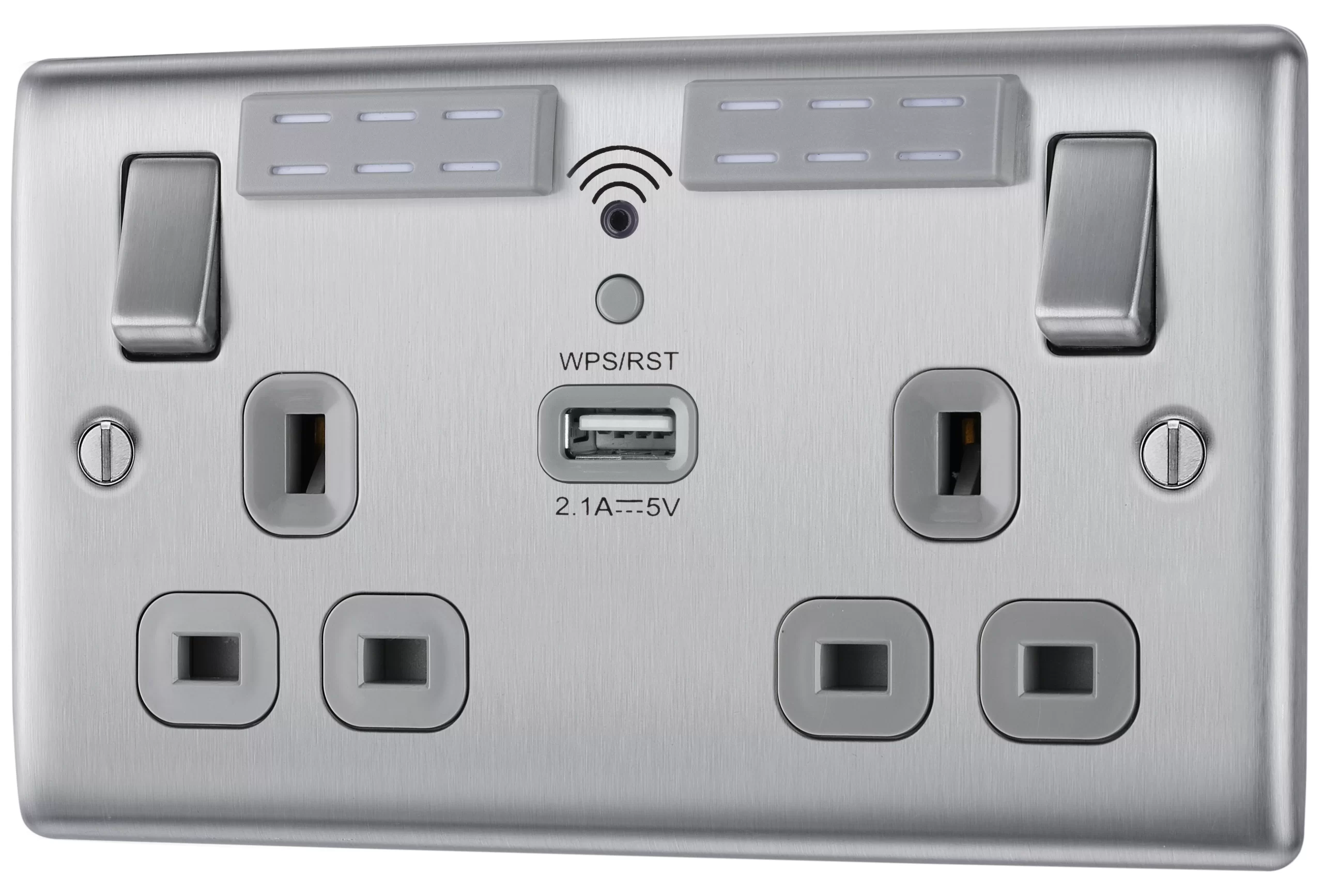 BG Brushed Steel 13A Raised Slim Switched Double WiFi Extender Socket With USB 3 BG Brushed Steel 13A Raised Slim Switched Double WiFi Extender Socket With USB
