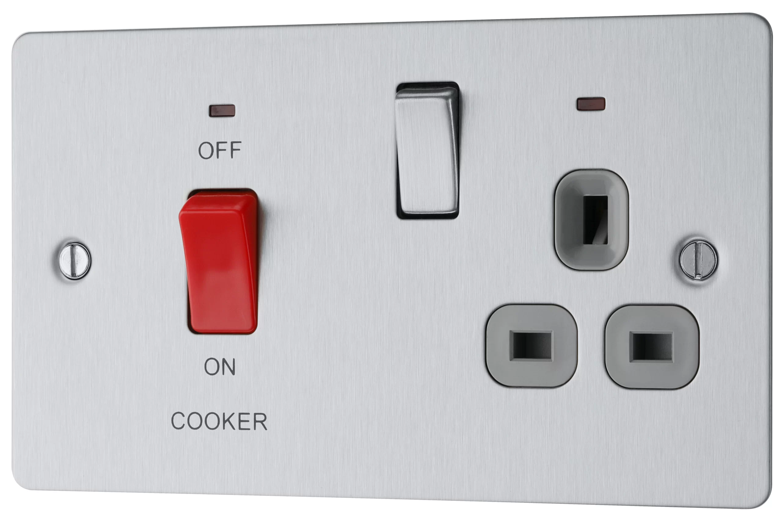 BG Brushed Steel Cooker Switch & Socket With Neon & Grey Inserts 3 BG Brushed Steel Cooker Switch & Socket With Neon & Grey Inserts