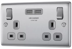 BG Brushed Steel Double 13A Switched Socket With USB X2 3.1A & Grey Inserts