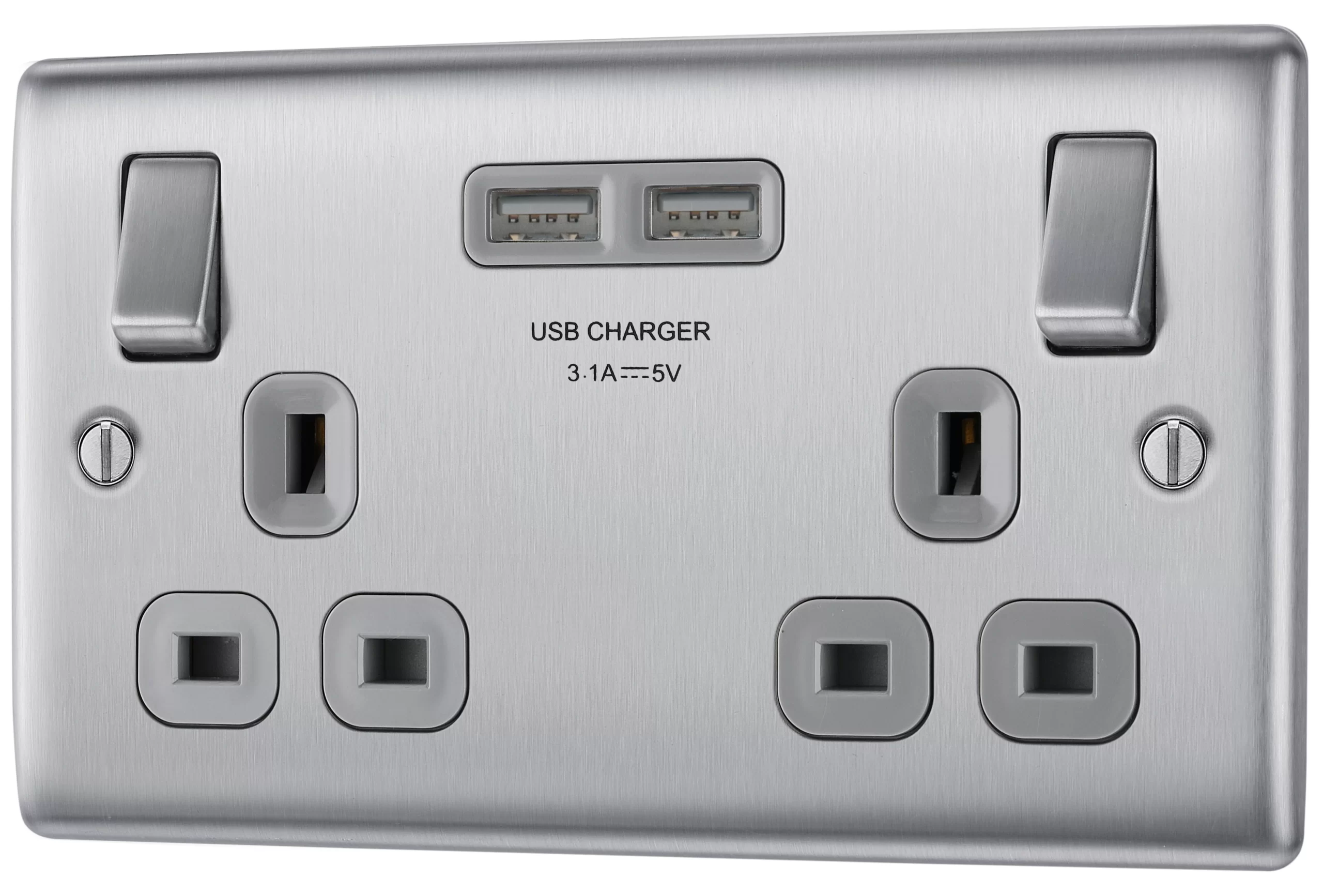BG Brushed Steel Double 13A Switched Socket With USB X2 3.1A & Grey Inserts 3 BG Brushed Steel Double 13A Switched Socket With USB X2 3.1A & Grey Inserts