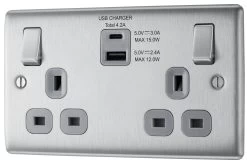 BG Brushed Steel Double 13A Switched Socket With USB X2 4.2A & Grey Inserts
