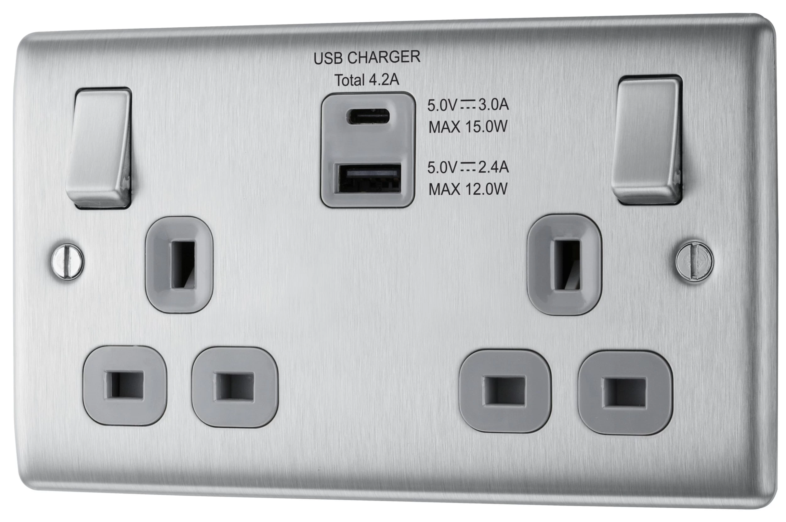 BG Brushed Steel Double 13A Switched Socket With USB X2 4.2A & Grey Inserts 3 BG Brushed Steel Double 13A Switched Socket With USB X2 4.2A & Grey Inserts