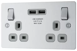 BG Brushed Steel Double 13A Switched Socket With USB X2 & Grey Inserts