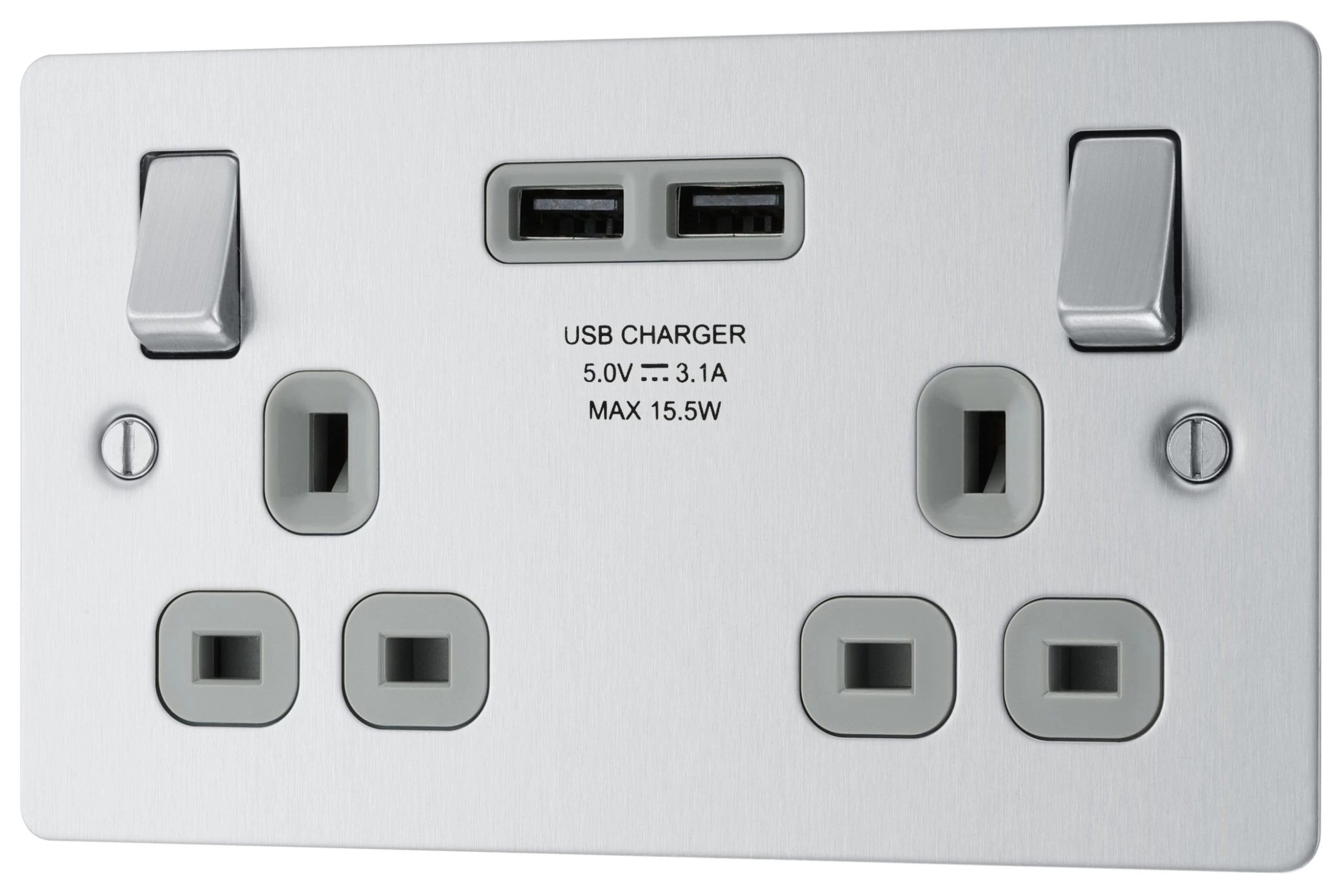 BG Brushed Steel Double 13A Switched Socket With USB X2 & Grey Inserts 3 BG Brushed Steel Double 13A Switched Socket With USB X2 & Grey Inserts