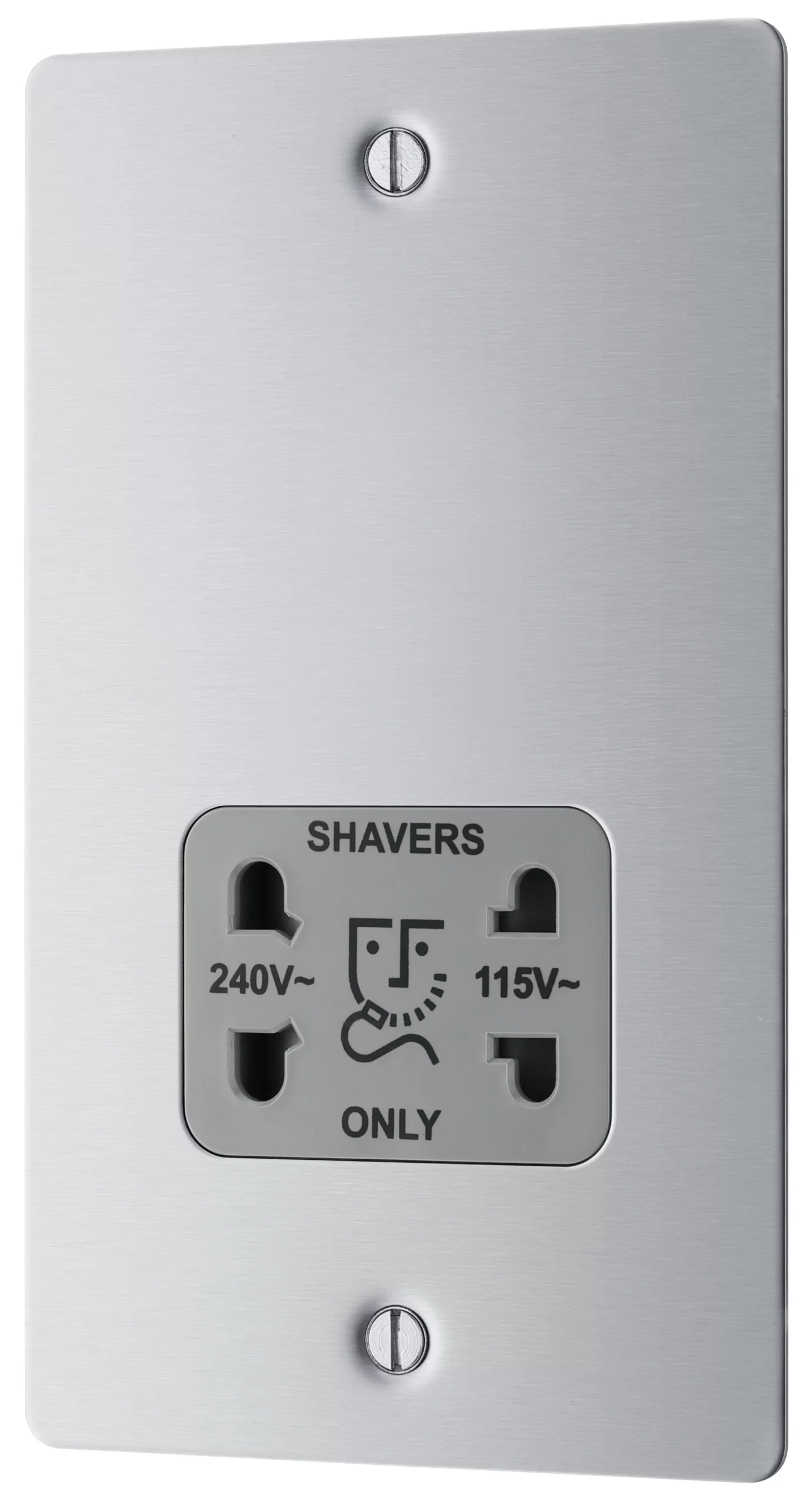 BG Brushed Steel Double Flat Screwed Shaver Socket Matt Steel Effect 3 BG Brushed Steel Double Flat Screwed Shaver Socket Matt Steel Effect