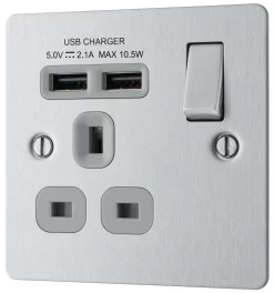 BG Brushed Steel Single 13A Switched Socket With USB X2 & Grey Inserts