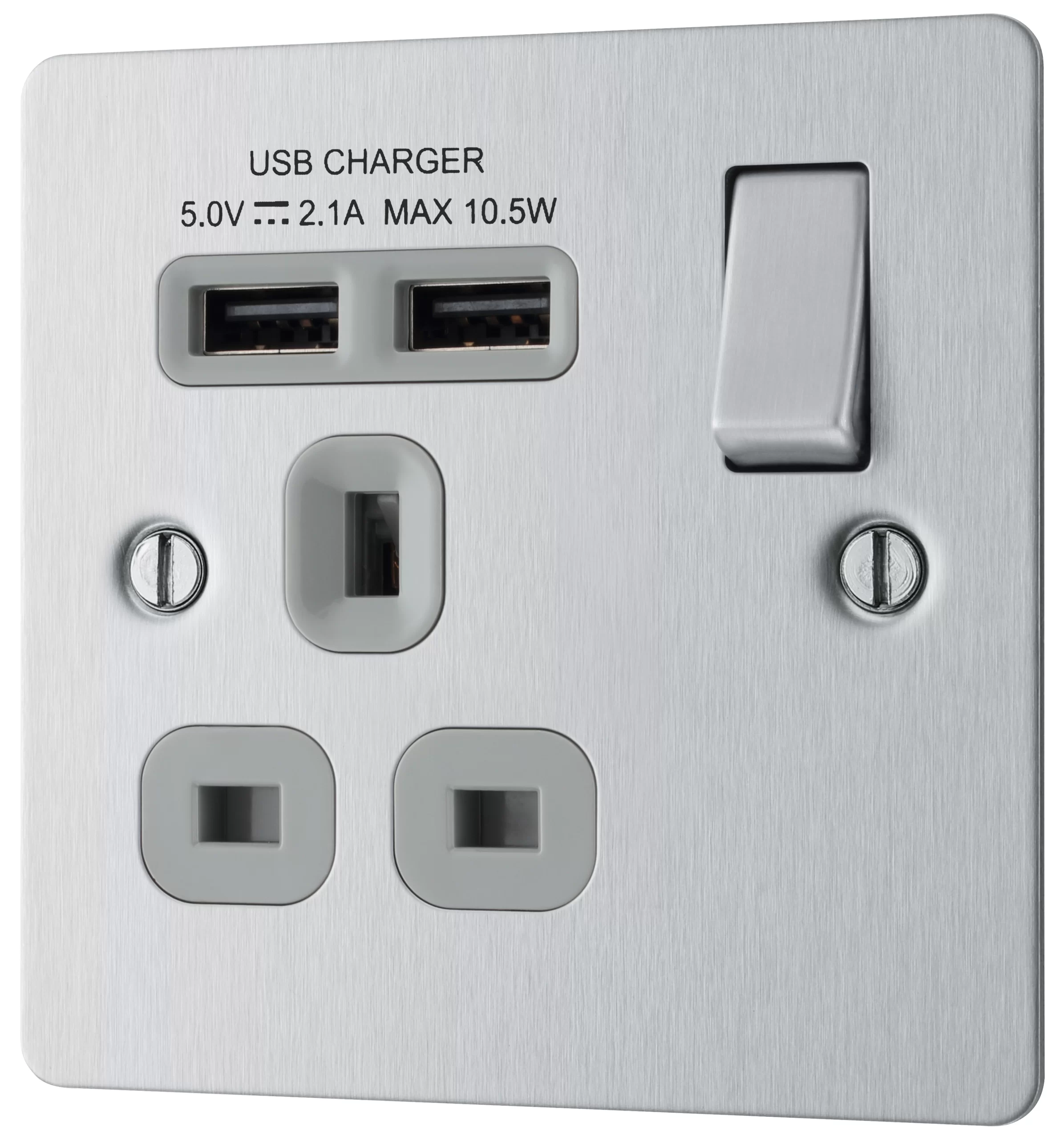 BG Brushed Steel Single 13A Switched Socket With USB X2 & Grey Inserts 3 BG Brushed Steel Single 13A Switched Socket With USB X2 & Grey Inserts