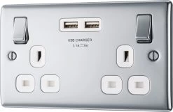 BG Chrome Double 13A Switched Socket With USB X2 3.1A & White Inserts