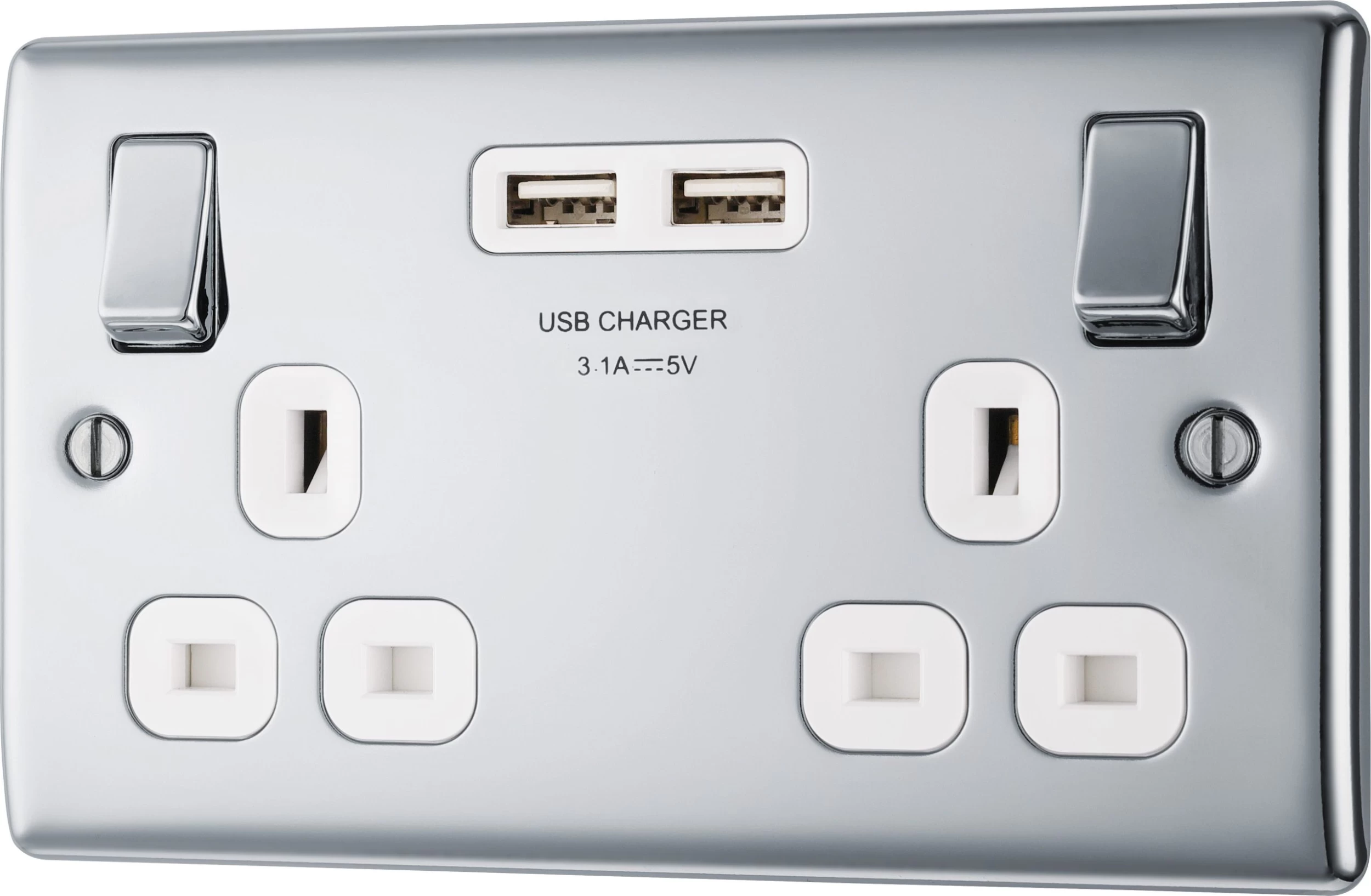 BG Chrome Double 13A Switched Socket With USB X2 3.1A & White Inserts 3 BG Chrome Double 13A Switched Socket With USB X2 3.1A & White Inserts