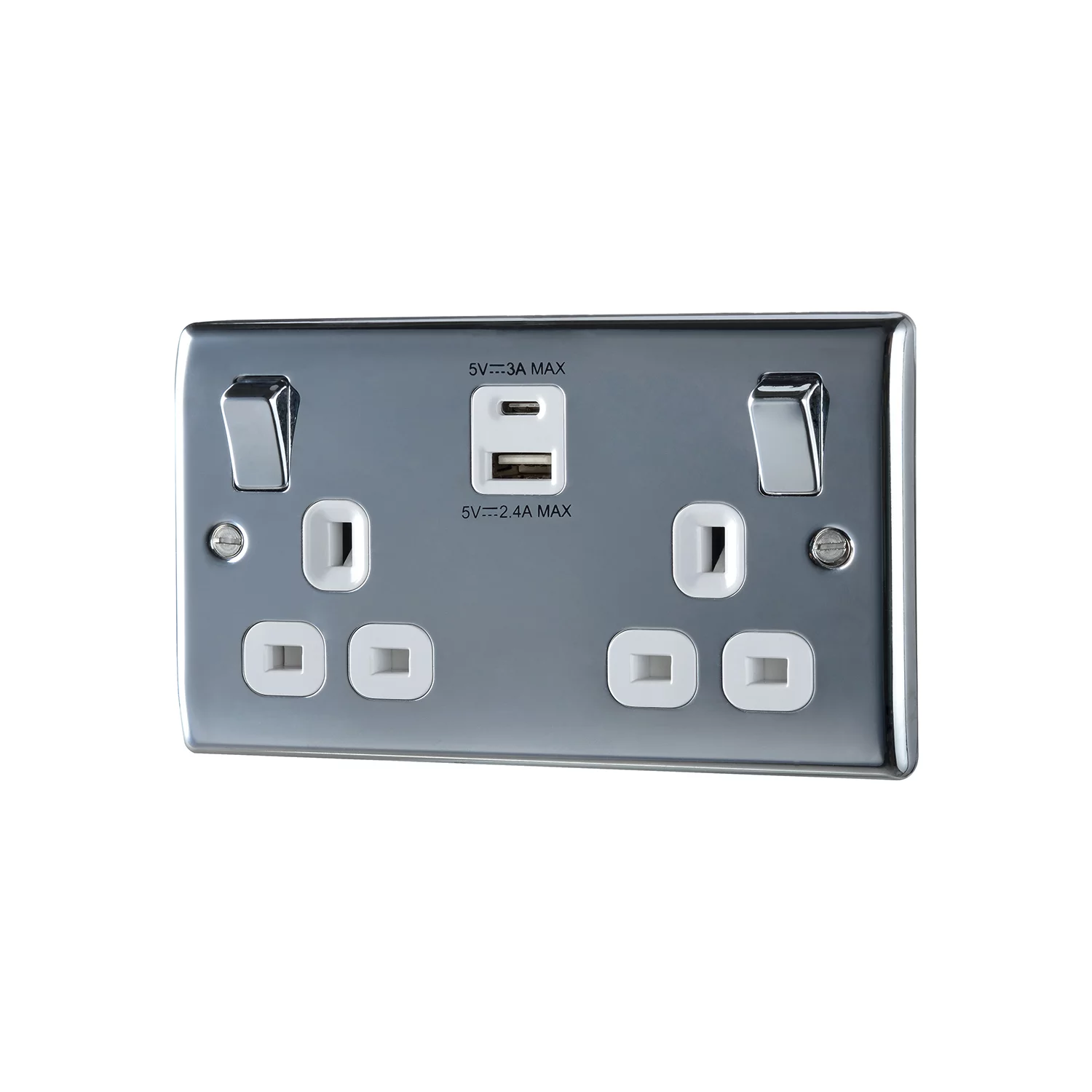 BG Chrome Double 13A Switched Socket With USB X2 4.2A & White Inserts 3 BG Chrome Double 13A Switched Socket With USB X2 4.2A & White Inserts
