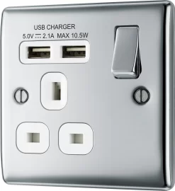 BG Chrome Single 13A Switched Socket With USB X2 & White Inserts