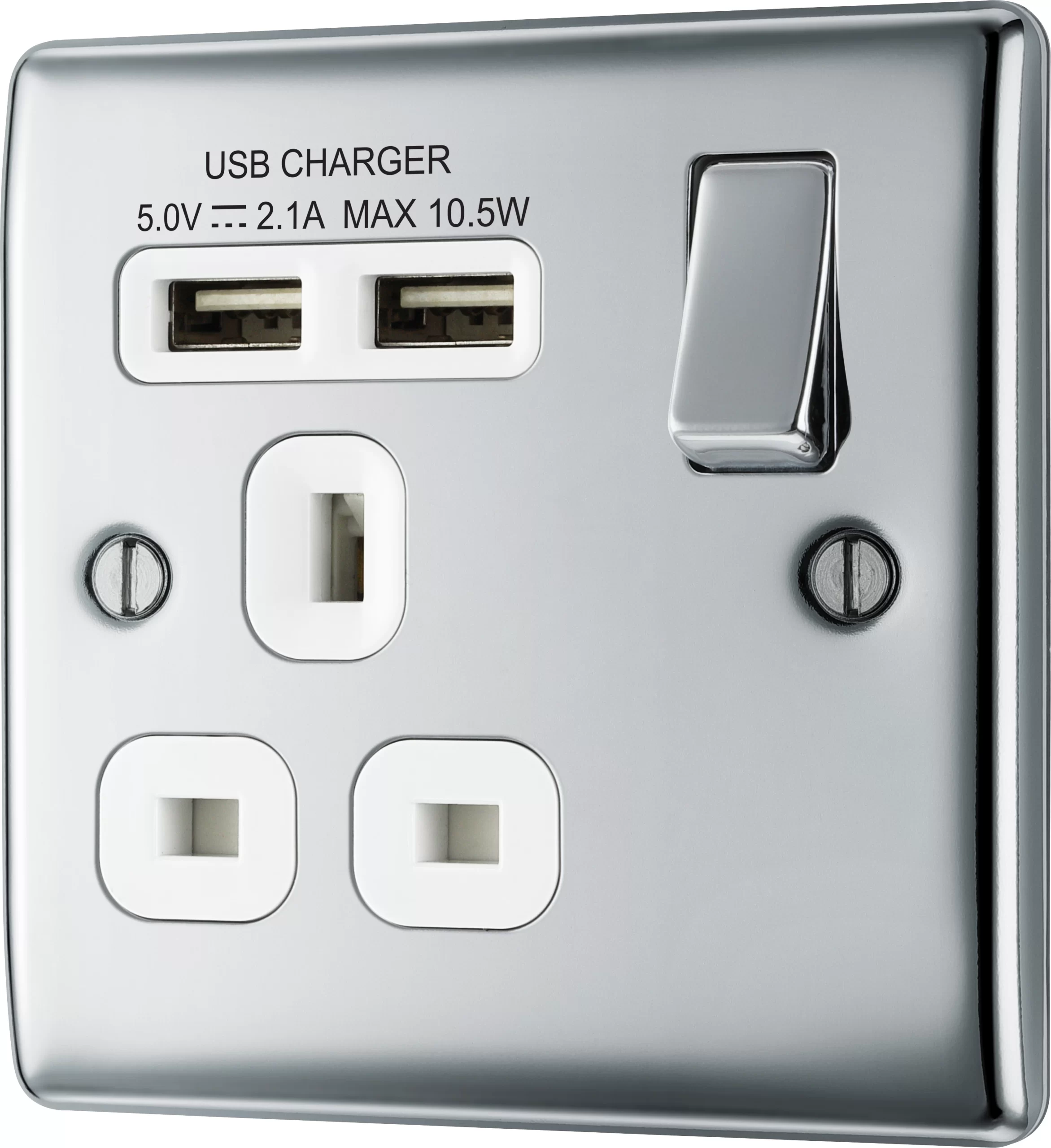 BG Chrome Single 13A Switched Socket With USB X2 & White Inserts 3 BG Chrome Single 13A Switched Socket With USB X2 & White Inserts