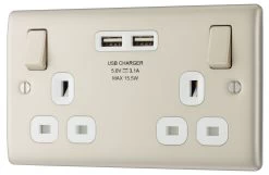 BG Nickel Double 13A Switched Socket With USB X2 3.1A & White Inserts