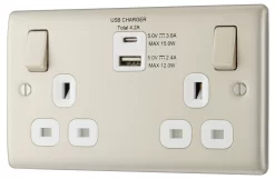 BG Nickel Double 13A Switched Socket With USB X2 4.2A & White Inserts