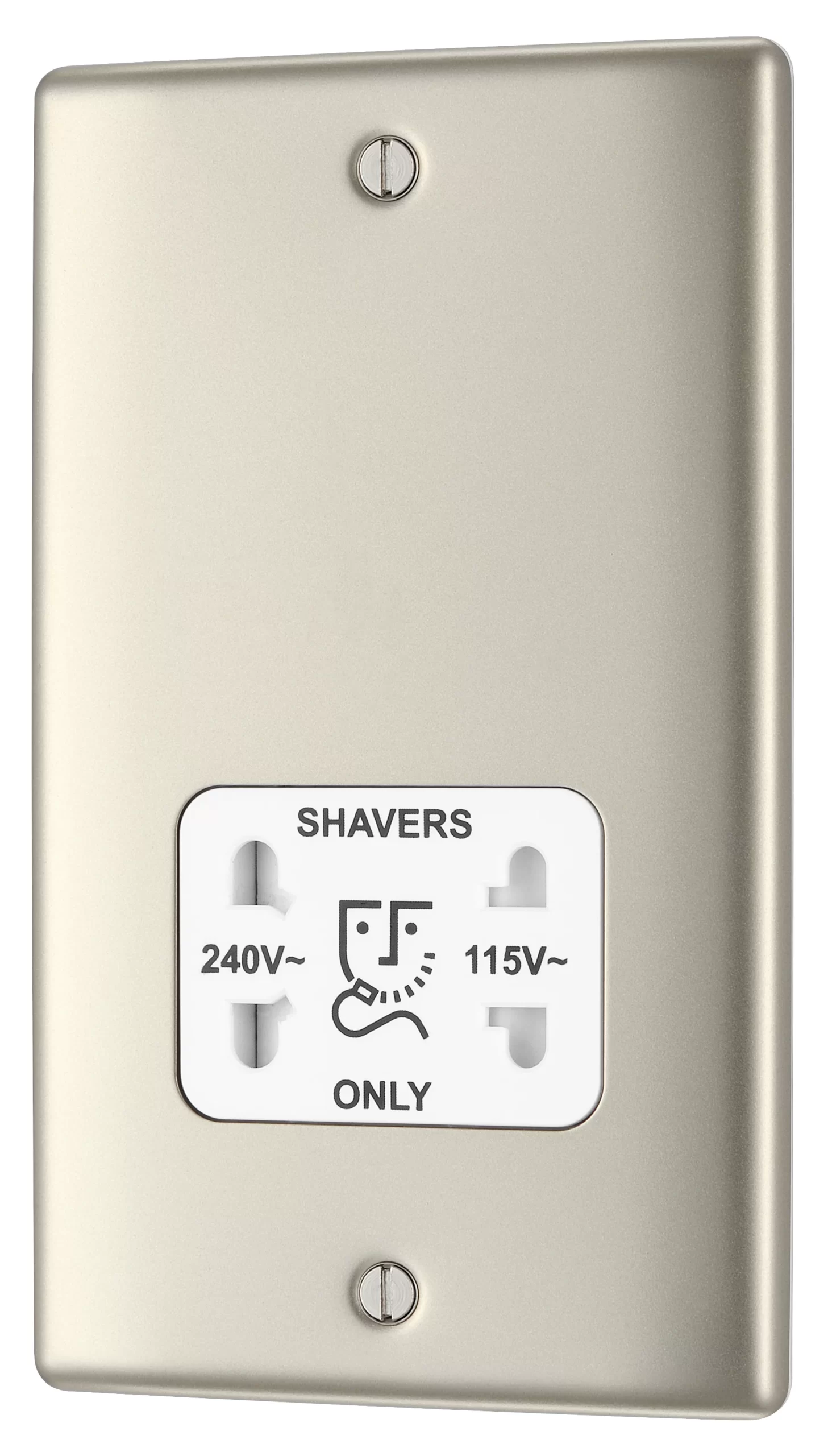 BG Nickel Double Raised Slim Screwed Shaver Socket Matt Pearl Nickel Effect 3 BG Nickel Double Raised Slim Screwed Shaver Socket Matt Pearl Nickel Effect