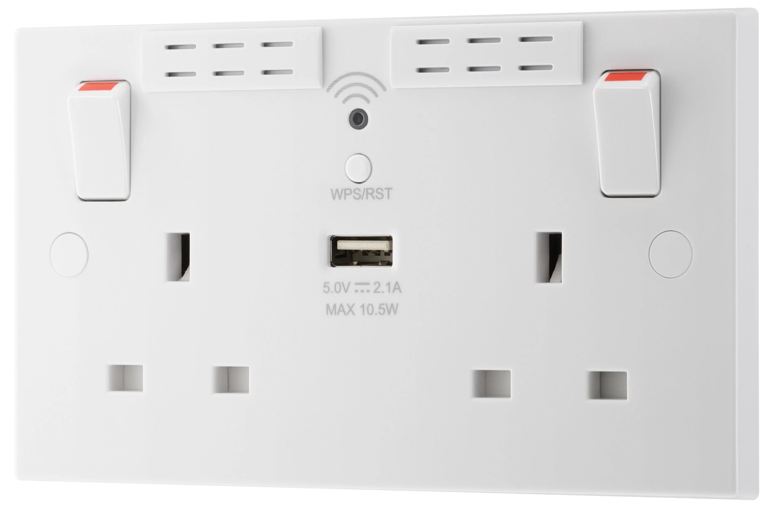 BG White 13A Raised Square Switched Double WiFi Extender Socket With USB 3 BG White 13A Raised Square Switched Double WiFi Extender Socket With USB