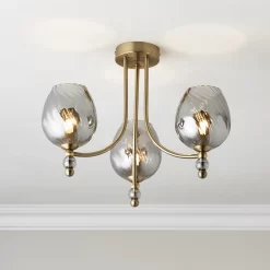 Carla Glass & Steel Antique Brass Effect 3 Lamp Ceiling Light