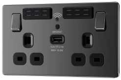 GoodHome Black Nickel 13A Flat Switched Double Screwless WiFi Extender Socket With USB