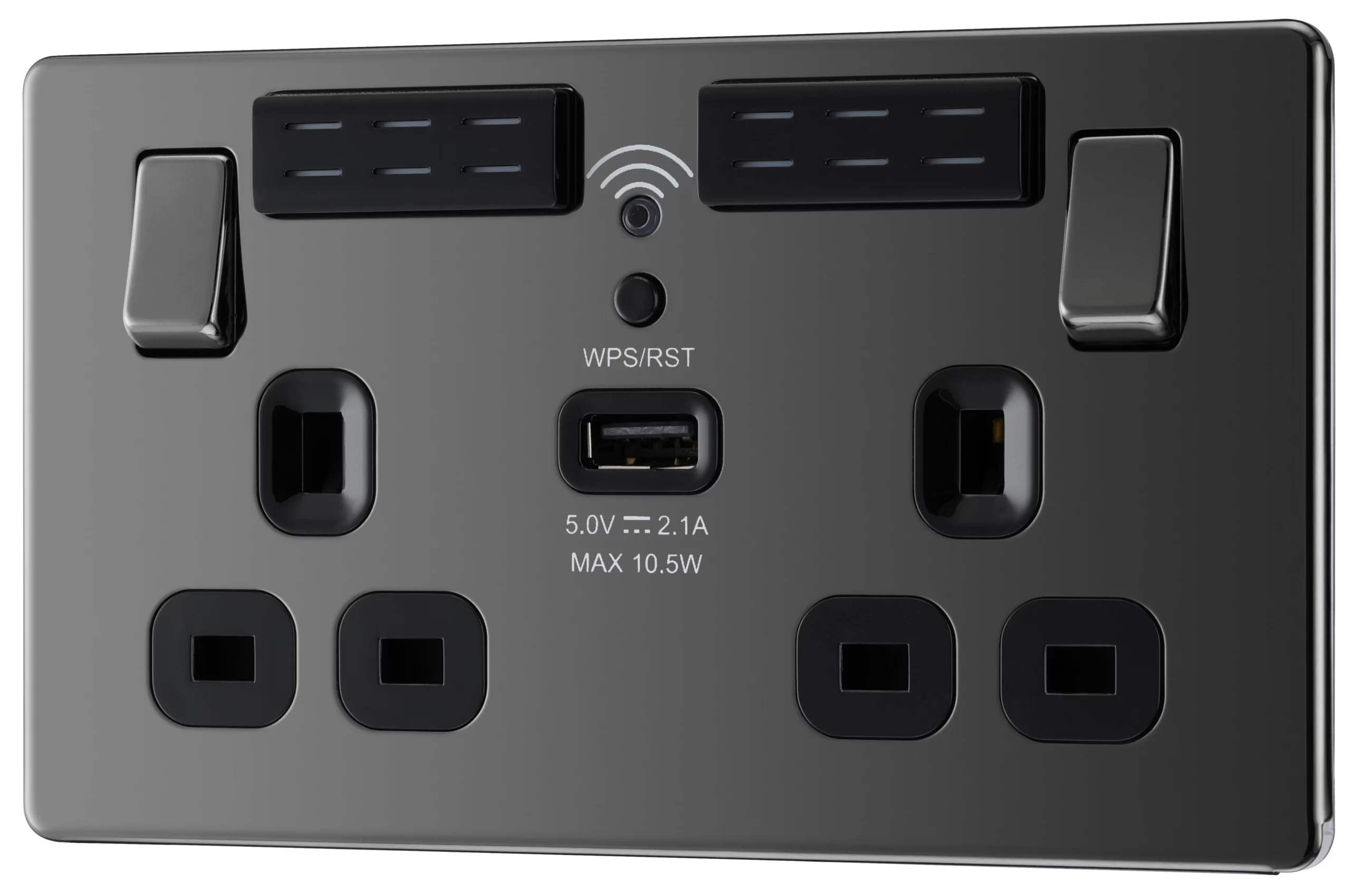 GoodHome Black Nickel 13A Flat Switched Double Screwless WiFi Extender Socket With USB 3 GoodHome Black Nickel 13A Flat Switched Double Screwless WiFi Extender Socket With USB