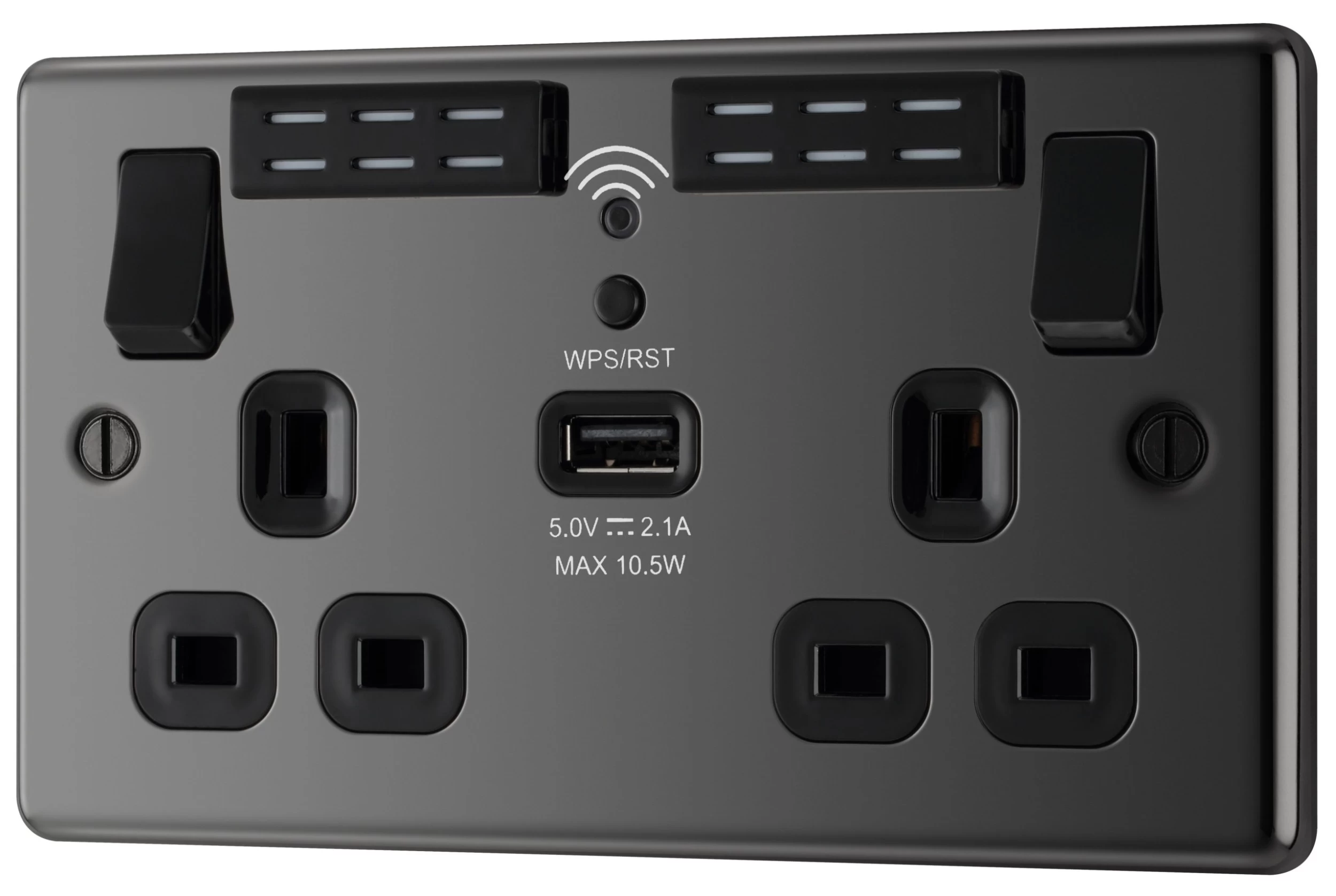 GoodHome Black Nickel 13A Switched Double WiFi Extender Socket With USB 3 GoodHome Black Nickel 13A Switched Double WiFi Extender Socket With USB