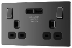 GoodHome Black Nickel Double 13A Screwless Switched Socket With USB X2 3.1A & Black Inserts