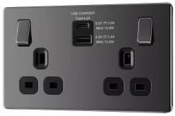 GoodHome Black Nickel Double 13A Screwless Switched Socket With USB X2 4.2A & Black Inserts