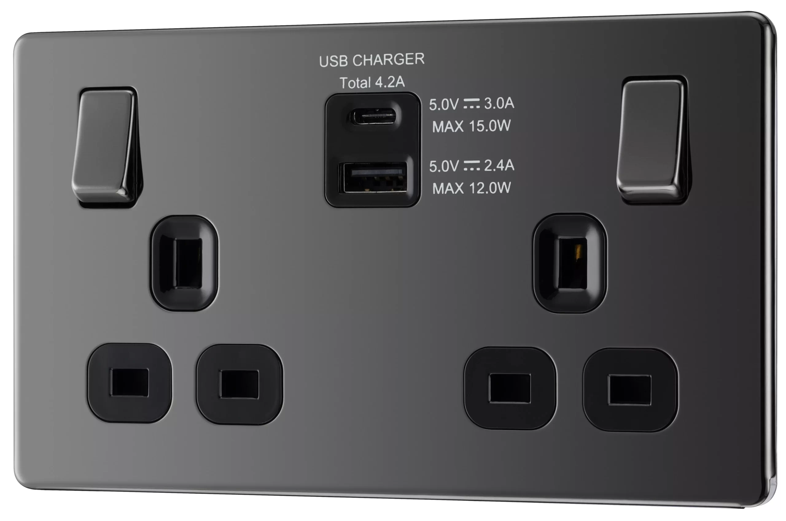 GoodHome Black Nickel Double 13A Screwless Switched Socket With USB X2 4.2A & Black Inserts 3 GoodHome Black Nickel Double 13A Screwless Switched Socket With USB X2 4.2A & Black Inserts
