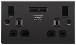 GoodHome Black Nickel Double 13A Switched Socket With USB X2 3.1A & Black Inserts