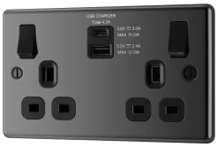 GoodHome Black Nickel Double 13A Switched Socket With USB X2 4.2A & Black Inserts