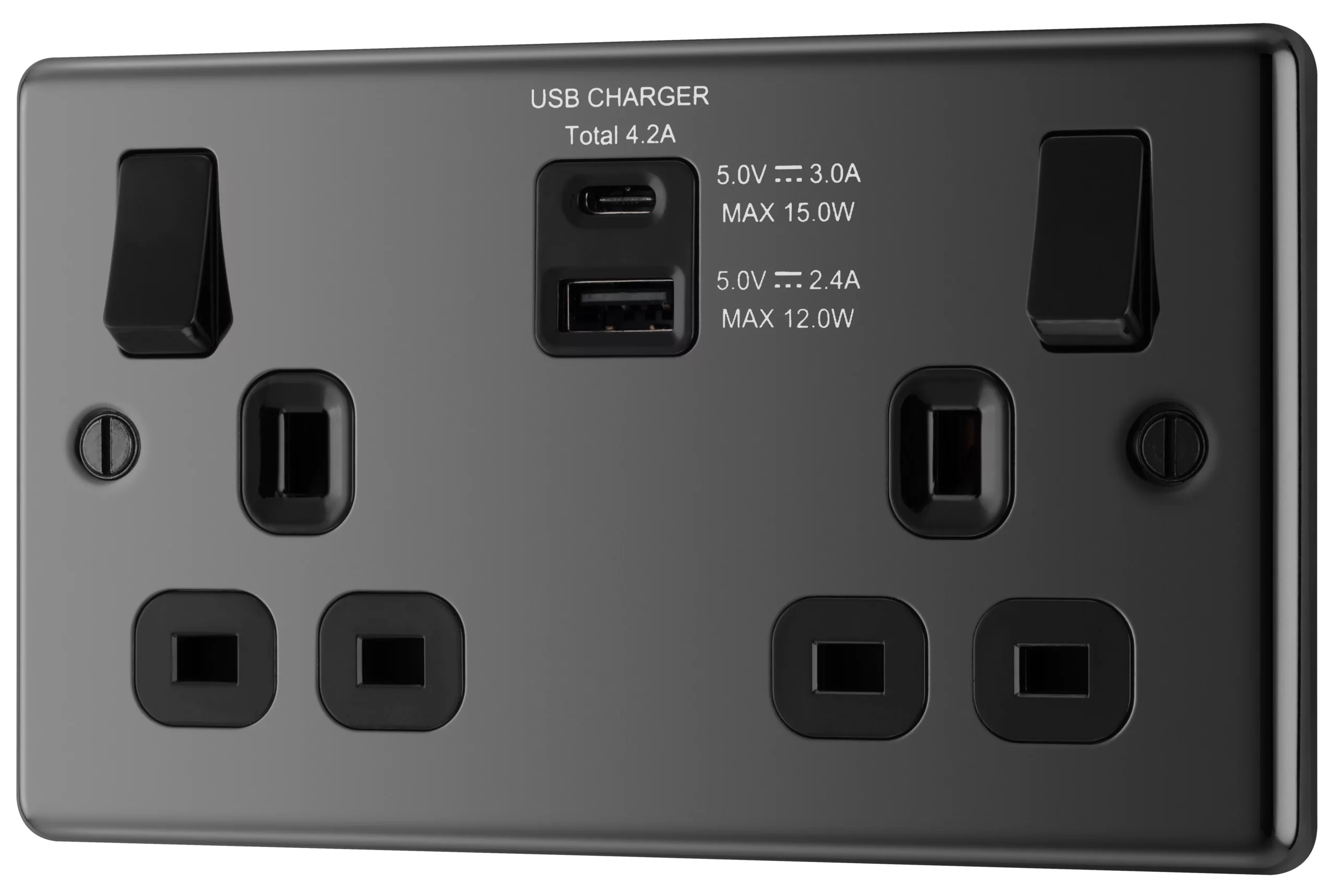 GoodHome Black Nickel Double 13A Switched Socket With USB X2 4.2A & Black Inserts 3 GoodHome Black Nickel Double 13A Switched Socket With USB X2 4.2A & Black Inserts