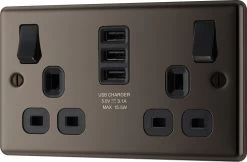 GoodHome Black Nickel Double 13A Switched Socket With USB X3 & Black Inserts
