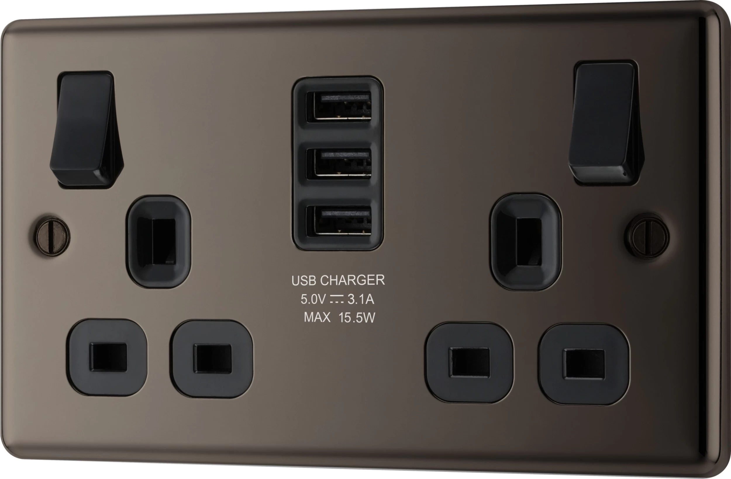 GoodHome Black Nickel Double 13A Switched Socket With USB X3 & Black Inserts 3 GoodHome Black Nickel Double 13A Switched Socket With USB X3 & Black Inserts