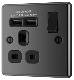 GoodHome Black Nickel Single 13A Switched Socket With USB X2 & Black Inserts