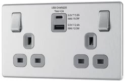 GoodHome Brushed Steel Double 13A Screwless Switched Socket With USB X2 4.2A & Grey Inserts